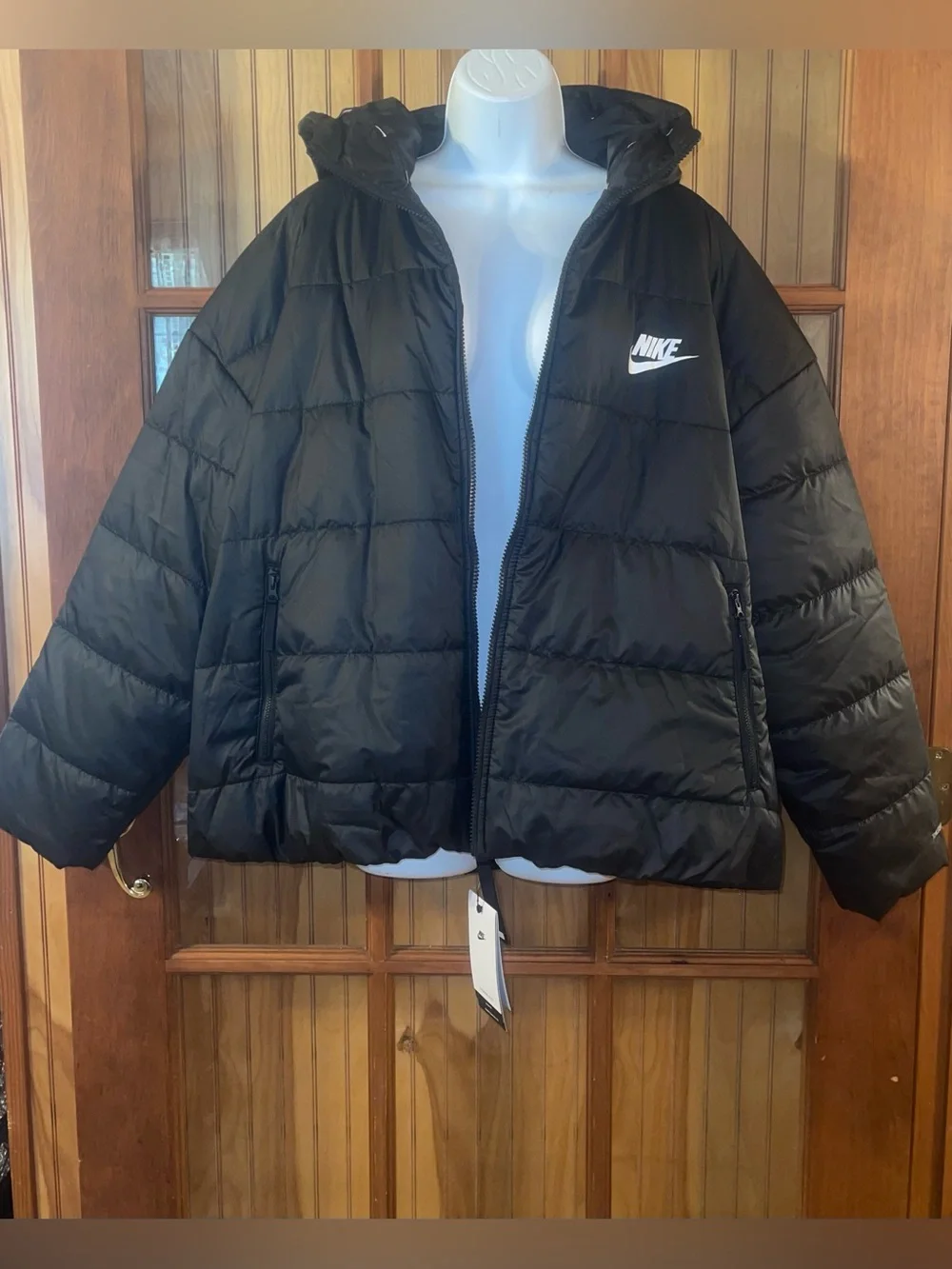Nike Therma-Fit Black Hooded Loose Fit Puffer Jacket with White Logo